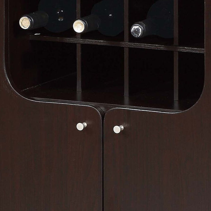 Giga red cocoa wine cabinet with two doors, removable wine bottle rack, metal wine glass racks, and four shelves.