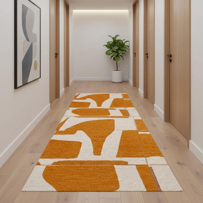 10' Geometric Washable Runner Rug (551991) - White / Yellow