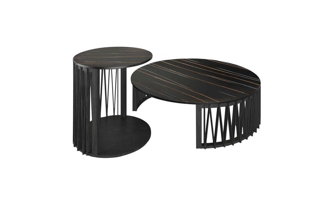 Marble And Solid Wood Round Nested Coffee Tables - Black