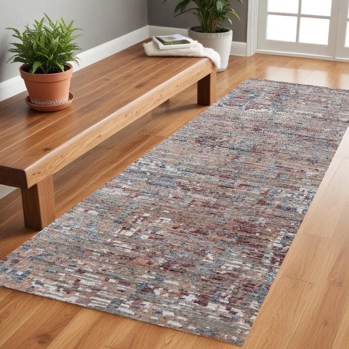 8' Wool Abstract Hand Knotted Runner Rug - Red And Blue
