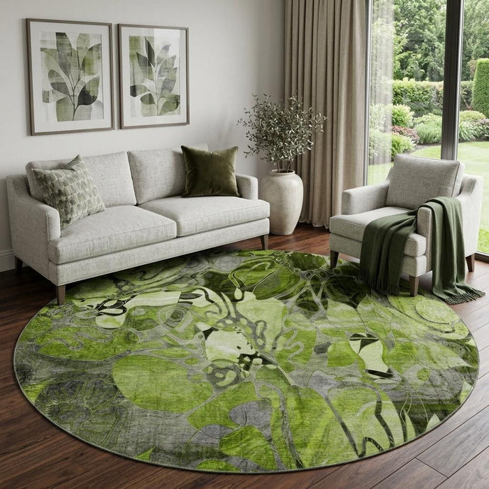 8' Abstract Distressed Washable Round Rug With UV Protection (648979) - Fern Green / Gray
