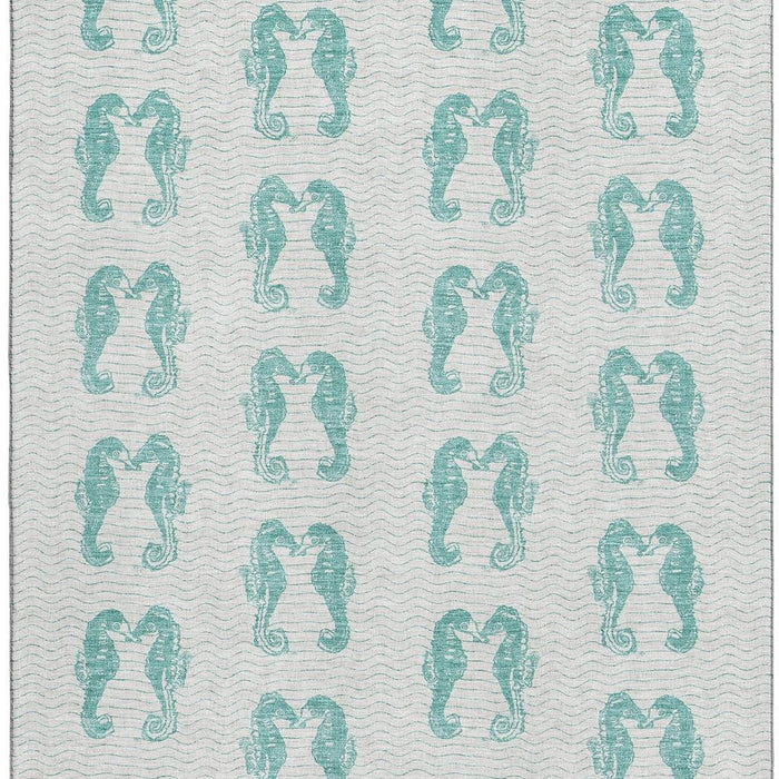 10' X 14' Geometric Washable Area Rug With UV Protection - Aqua / Ivory