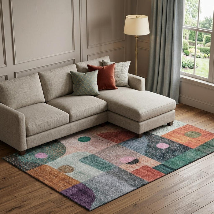 10' X 14' Geometric Washable Area Rug With UV Protection (684816) - Orange / Teal / Purple