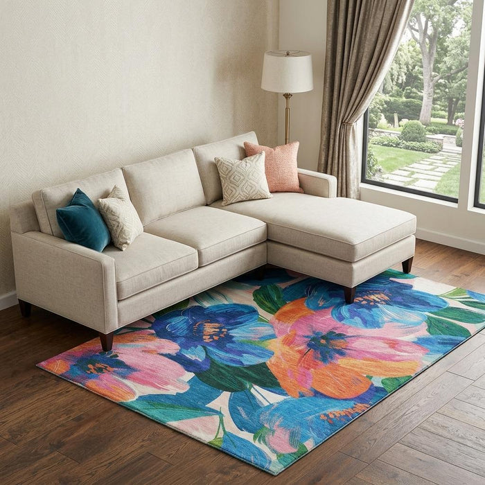 10' X 14' Floral Washable Area Rug With UV Protection (693990) - Navy Blue / Orange / Pink