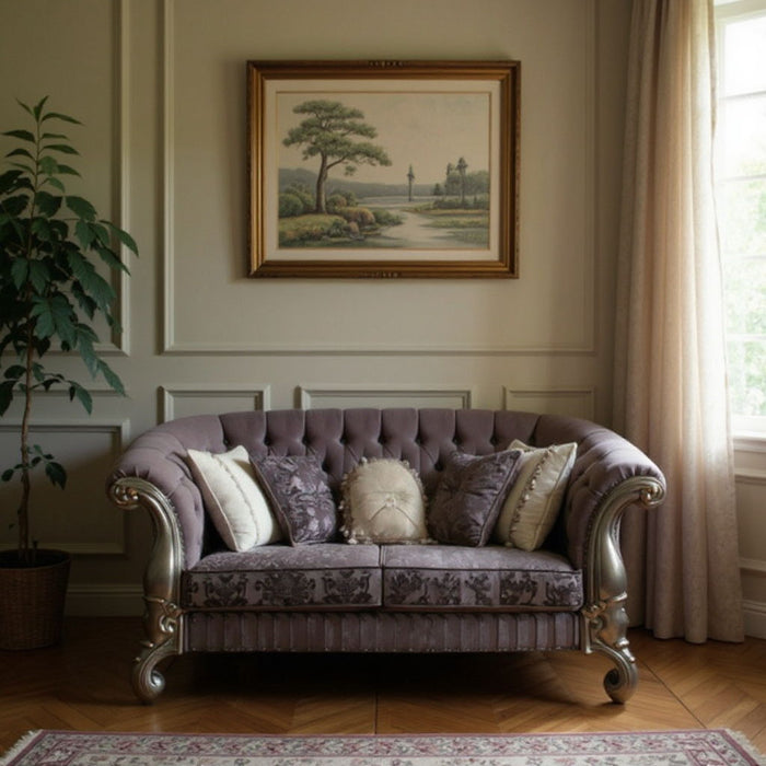 Velvet Loveseat And Toss Pillows - Purple / Platinum