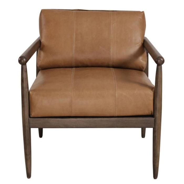 28" Transitional Genuine Leather And Solid Wood Arm Chair - Brown