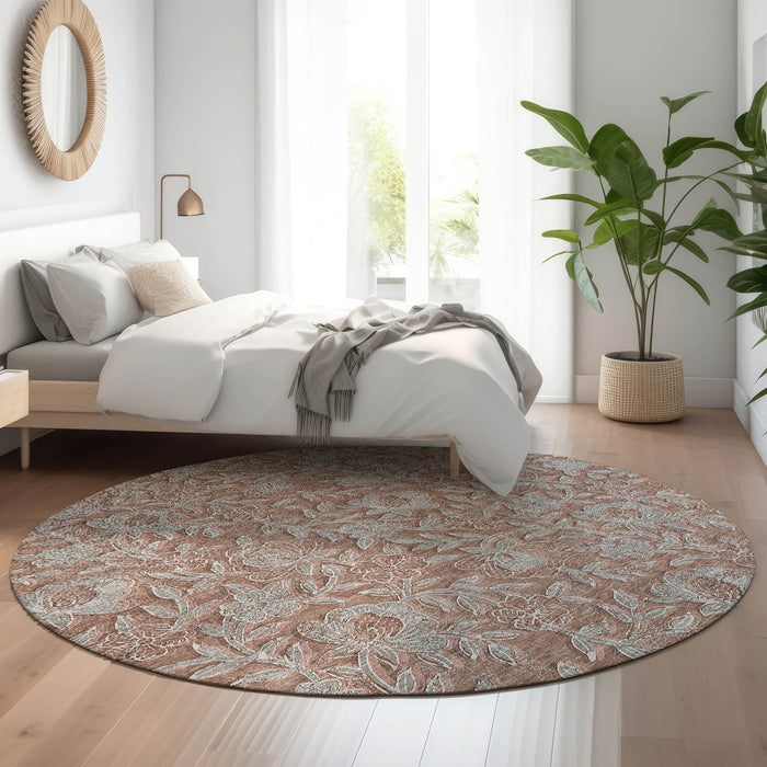 8' Floral Washable Round Rug With UV Protection - Terra Cotta And Gray