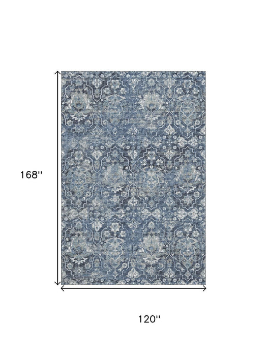 10' X 14' Floral Medallion Distressed Washable Area Rug With UV Protection (644568) - Blue / Ivory