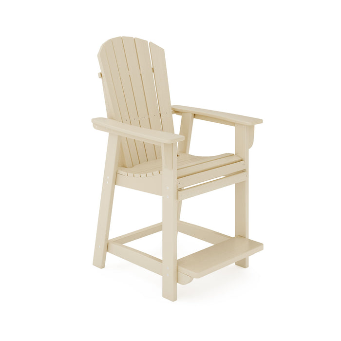 Giga Adirondack style counter chair made of HDPE poly lumber, suitable for dining, patio, and garden seating.