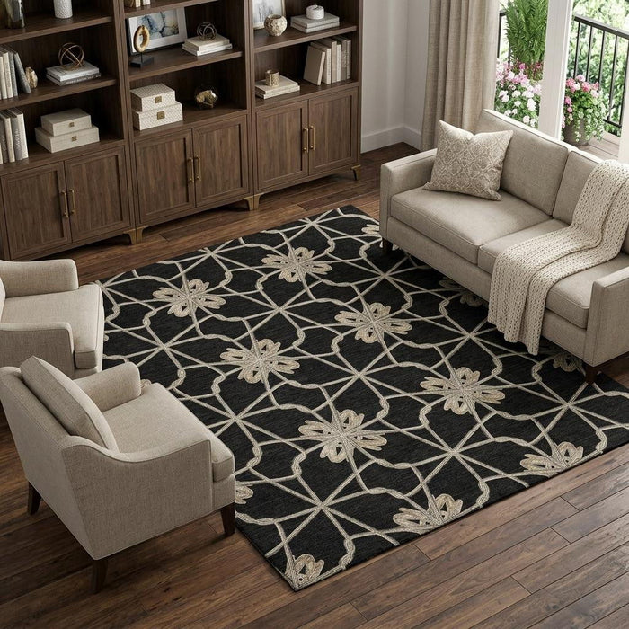 10' X 14' Geometric Washable Area Rug With UV Protection (675906) - Black / Khaki / Beige