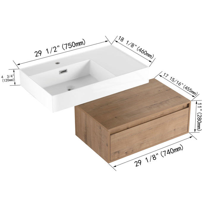 Modern Giga wall-mounted bathroom vanity with resin sink and soft-close drawer in imitative oak finish.