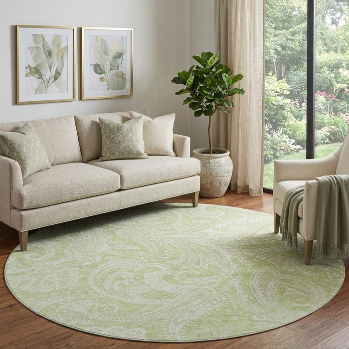 8' Paisley Washable Round Rug With UV Protection (654629) - Artichoke Green / Ivory