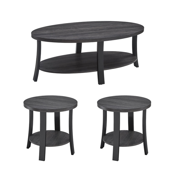 Giga Anze 3-piece contemporary oval coffee table set with charcoal finish and wood shelves, modern living room furniture.