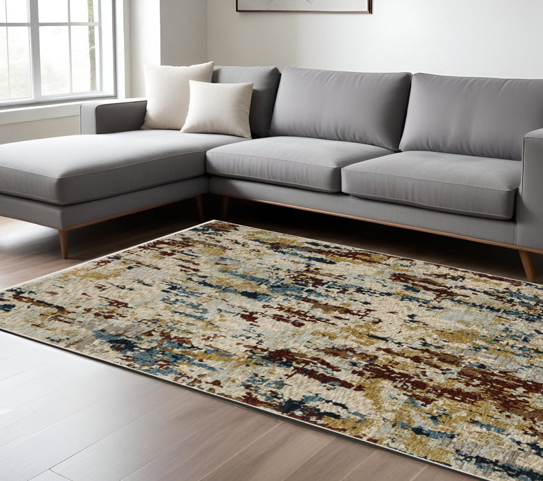 10' X 13' Abstract Distressed Area Rug With Fringe - Beige And Light Blue