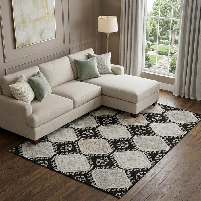 10' X 14' Floral Washable Area Rug With UV Protection (693720) - Black / Silver / Gray