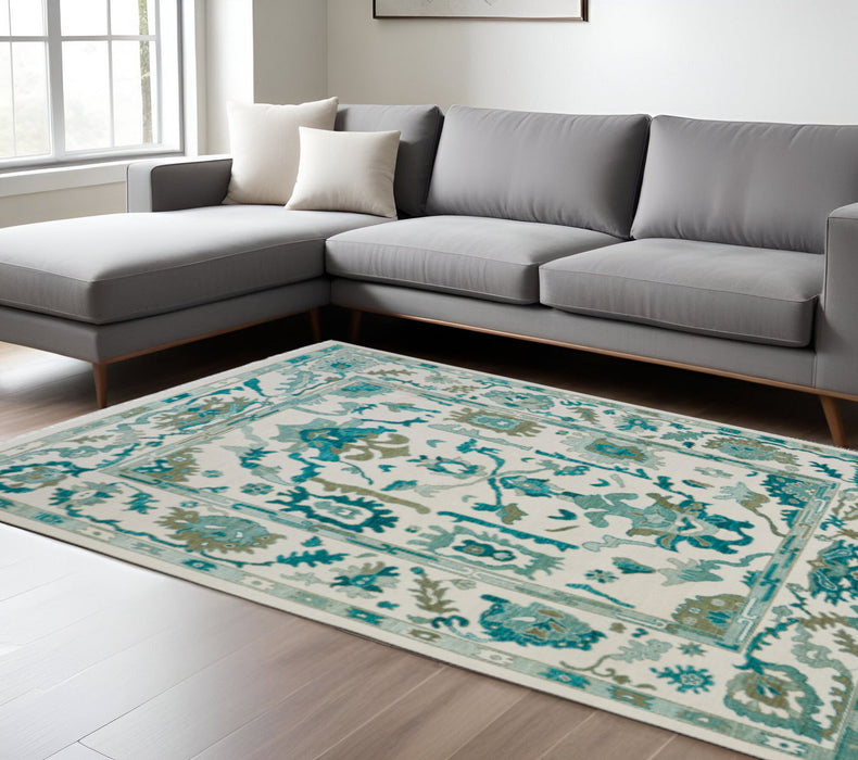 12' X 15' Floral Hand Knotted Area Rug With Fringe - Green And Ivory