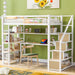 Giga twin size white loft bed with built-in desk, staircase storage, and four-tier shelves, ideal for compact bedrooms.