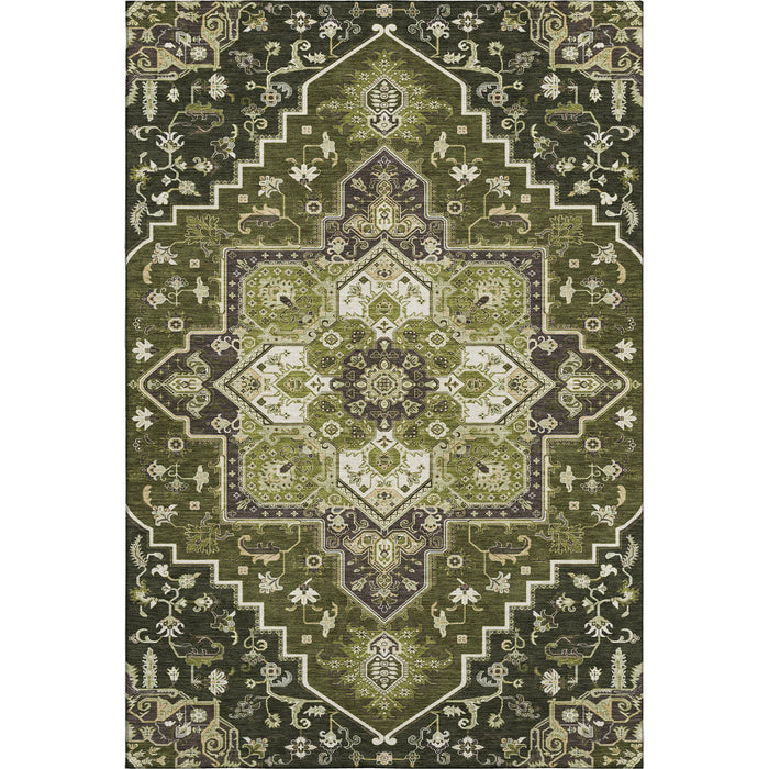 10' X 14' Oriental Washable Area Rug With UV Protection (681329) - Olive Green / Ivory / Beige