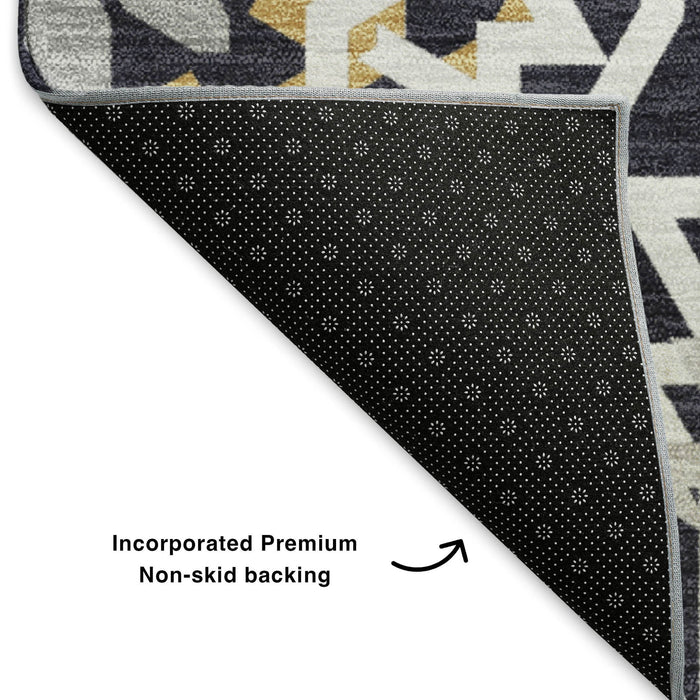 10' X 14' Geometric Washable Area Rug With UV Protection (652197) - Black / Ivory / Gold