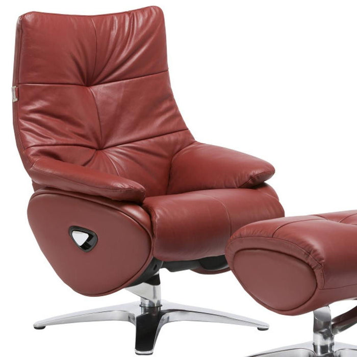 Red genuine leather tufted manual swivel recliner with matching ottoman by HomeRoots, showing plush upholstery and stylish design.