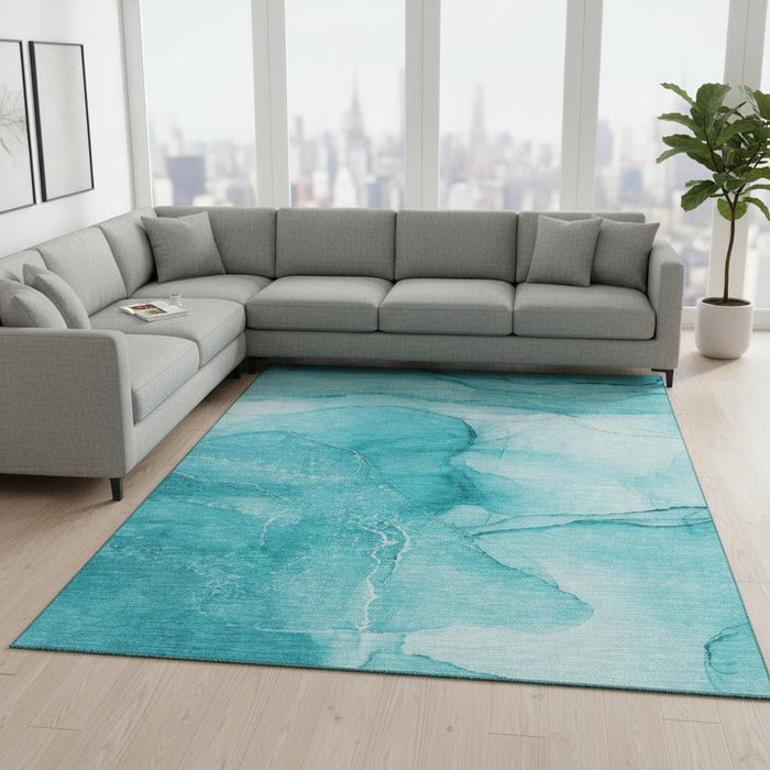 9' X 12' Abstract Washable Area Rug With UV Protection (646887) - Teal / Ivory