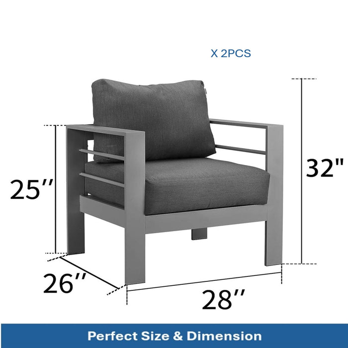 Set of two Giga gray patio armchairs with thick cushions, all-weather design, perfect for outdoor seating.
