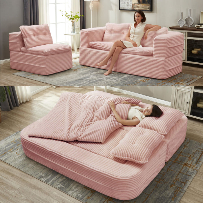 Giga baby pink multi-functional sectional sofa bed with chaise lounge and blanket, convertible king-size bed, deep seat futon sofa.
