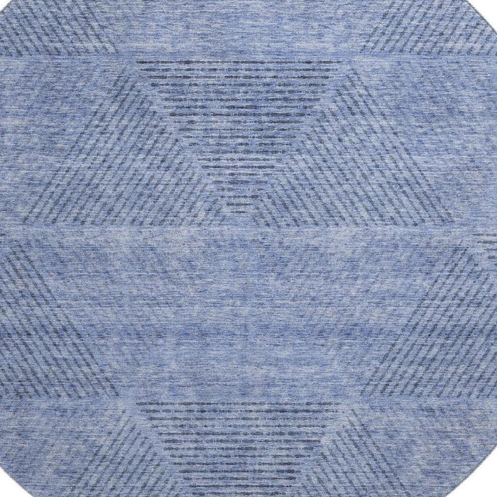 8' Geometric Washable Round Rug With UV Protection - Blue And Gray