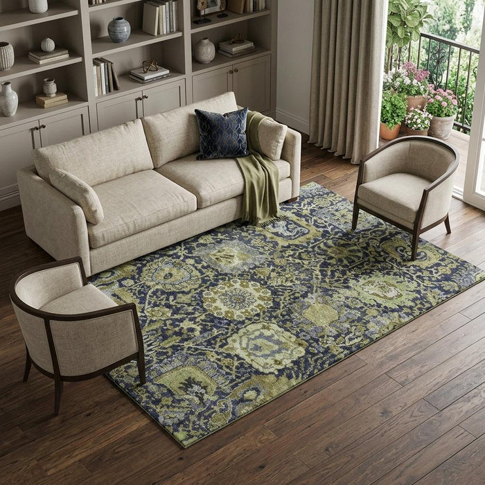 10' X 14' Damask Washable Area Rug With UV Protection (692970) - Fern Green / Navy Blue / Ivory