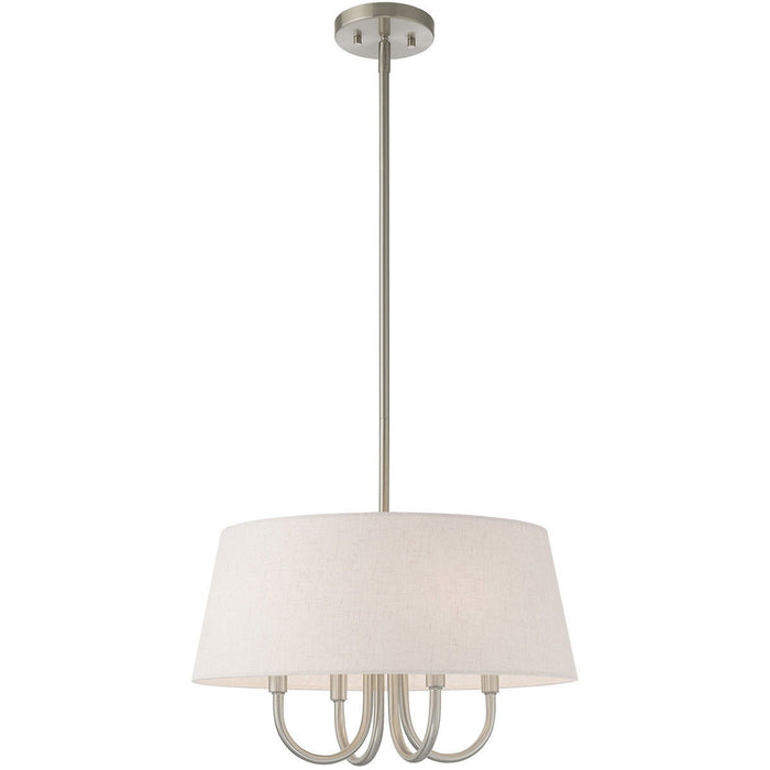 20-inch HomeRoots metal chandelier with four dimmable lights, cream shades, and nickel finish, hanging with visible shades and structure.