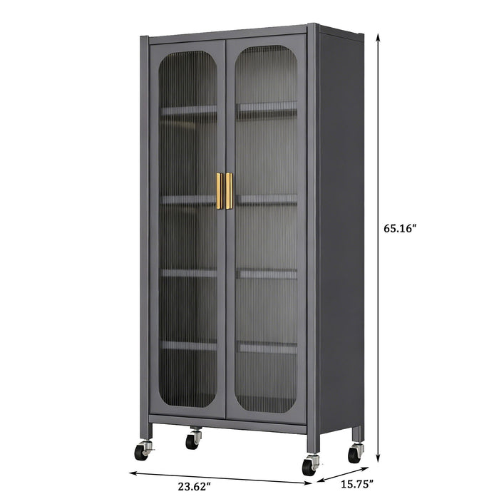 Giga 6-tier storage cabinet with transparent doors, adjustable shelves and wheels, ideal for organized display and storage.
