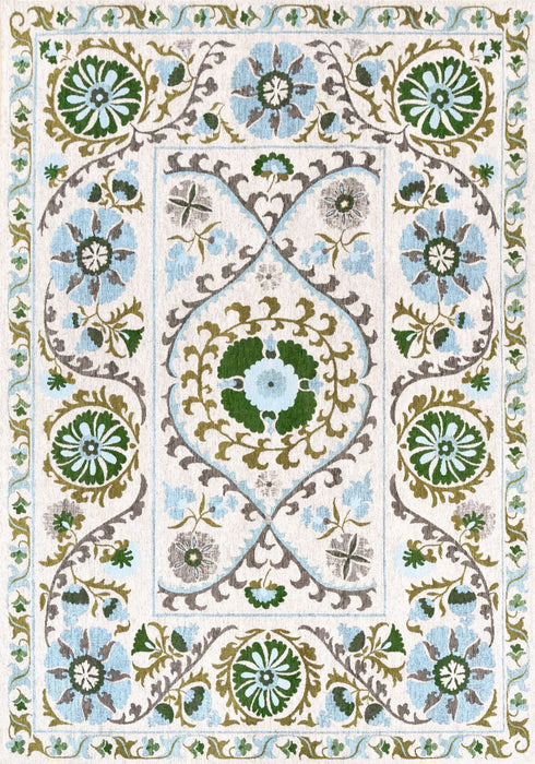 7' X 9' Tribal Washable Area Rug With UV Protection (610062) - Cream / Green / Blue