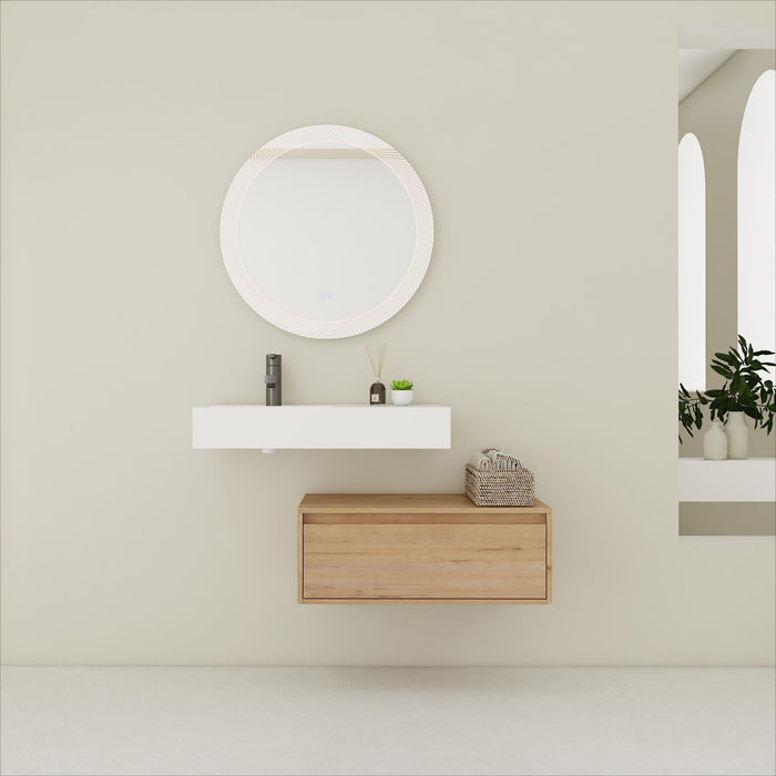Modern Giga wall-mounted bathroom vanity with resin sink, soft-close drawer, in imitative oak finish.