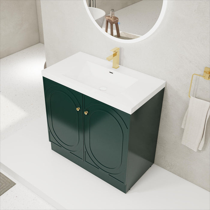 Giga contemporary freestanding bathroom vanity with resin sink and soft-close cabinet doors, modern bathroom furniture.