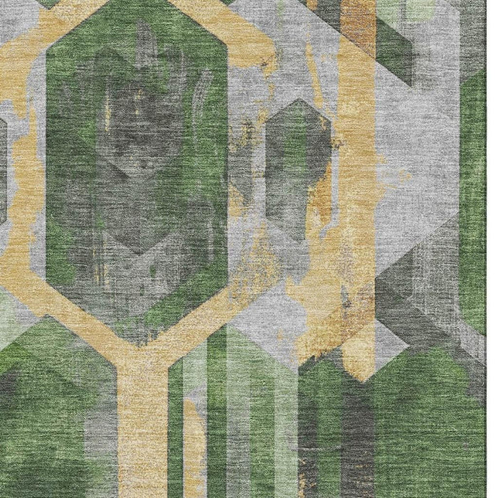 10' X 14' Geometric Washable Area Rug With UV Protection (699112) - Green / Gold / Gray