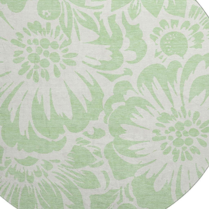 8' Floral Washable Round Rug With UV Protection (648661) - Mint Green / Ivory
