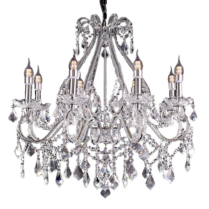 HomeRoots Candle Style Empire eight-light chandelier with transparent glass, nickel finish, and ivory accents, ideal for elegant ceilings.