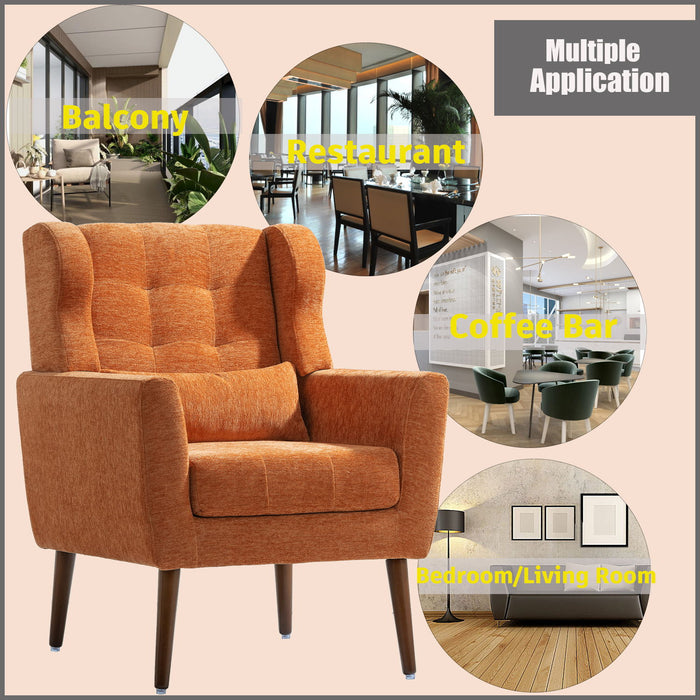 Giga modern upholstered accent armchair with soft padding, solid wood legs, pillow, ideal for living room or bedroom seating.