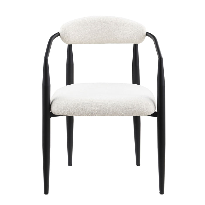 Set of 2 Giga mid-century modern dining chairs with boucle backrests and metal legs, perfect for kitchen or dining room decor.