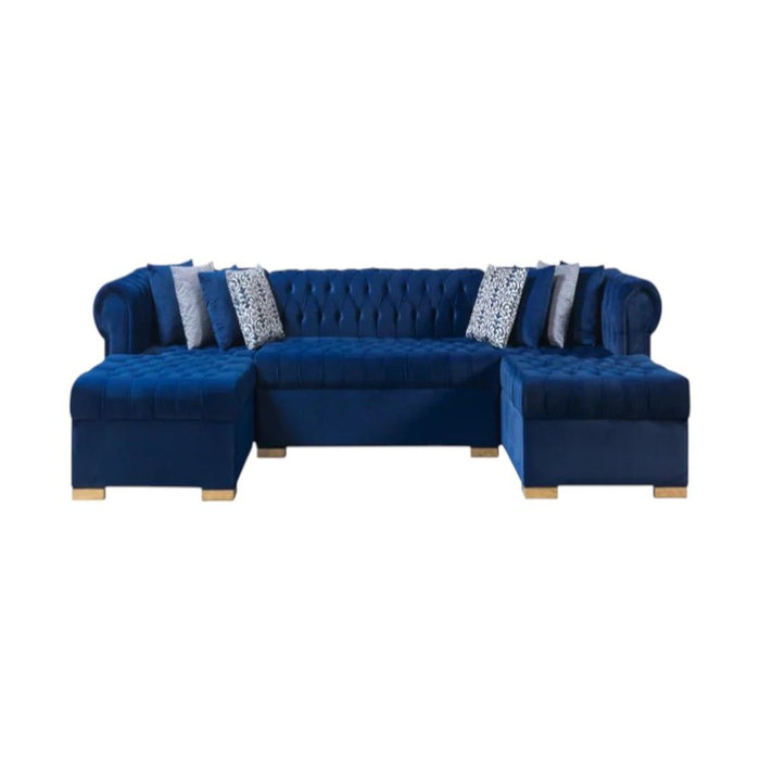 Velvet U Shaped Three Piece Sofa Chaise Sectional With Toss Pillows - Blue