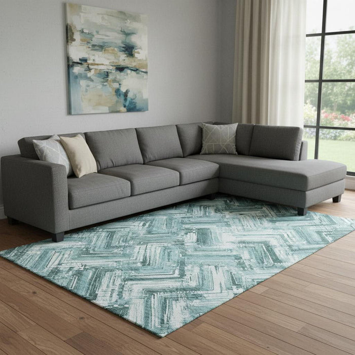 10' X 14' Chevron Washable Area Rug With UV Protection (652905) - Teal / Ivory