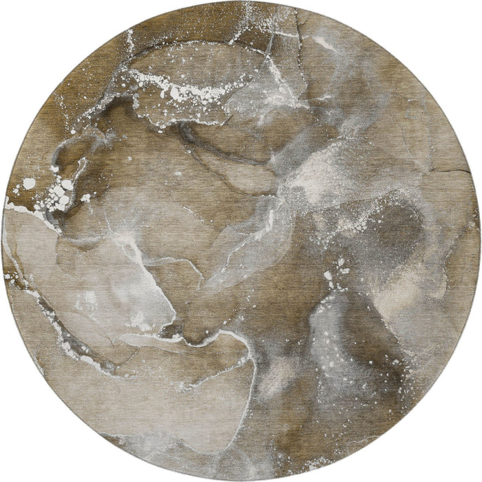 8' Abstract Washable Round Rug With UV Protection (647221) - Brown / Ivory / Gray
