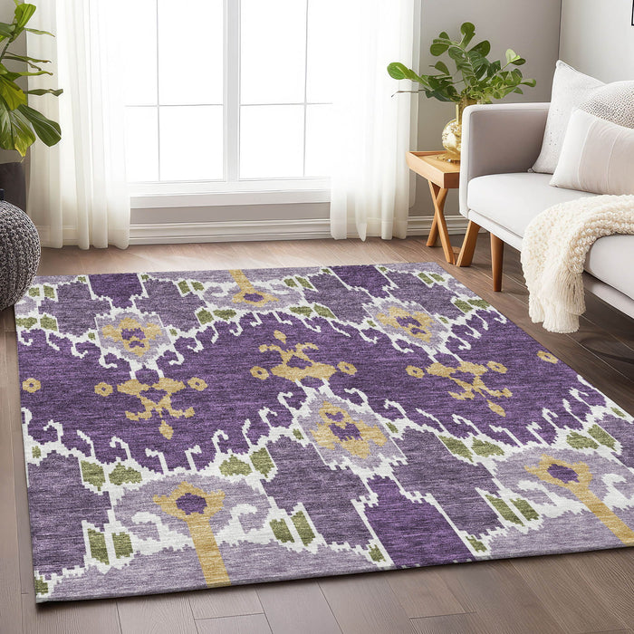 9' X 12' Ikat Washable Area Rug With UV Protection - Purple