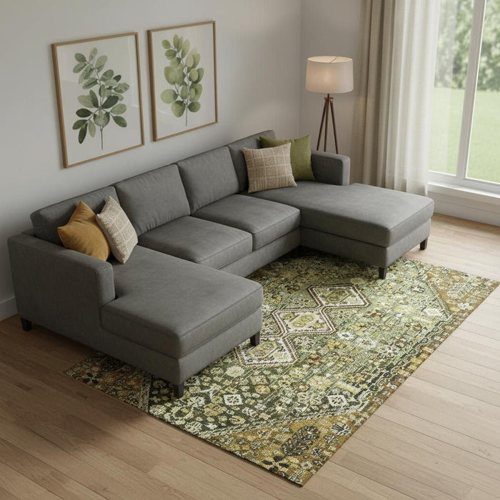 10' X 14' Geometric Washable Area Rug With UV Protection (705167) - Olive Green / Ivory / Brown