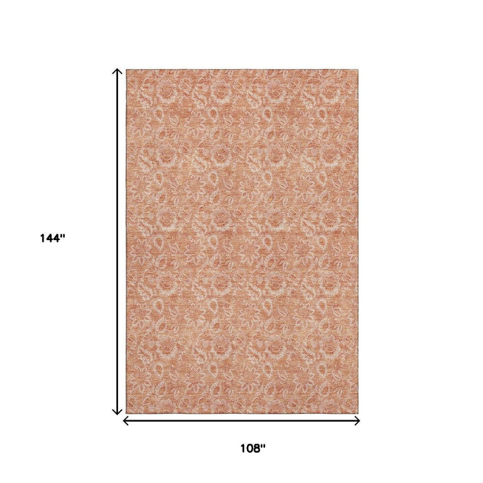 9' X 12' Floral Washable Area Rug With UV Protection (655149) - Salmon / Ivory