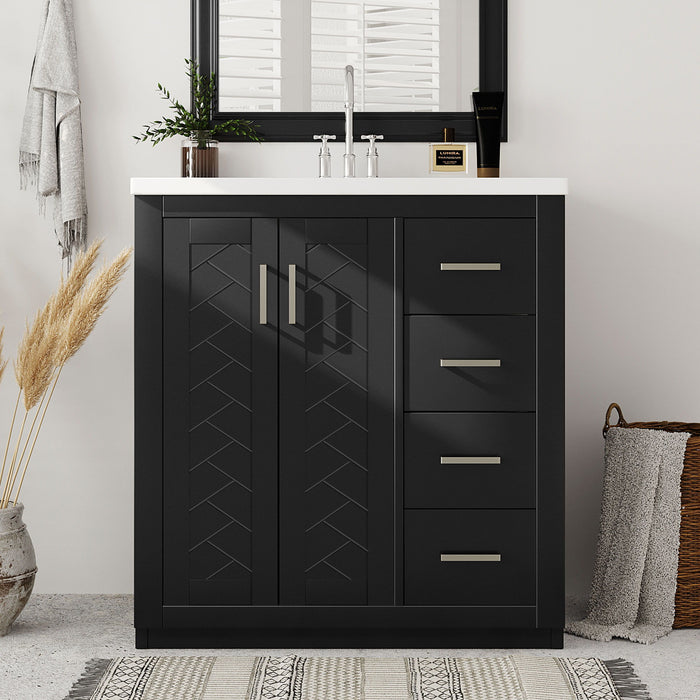 Giga bathroom vanity with sink, storage cabinet, three drawers, and soft-closing doors in a freestanding design.