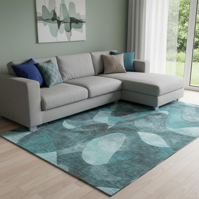 8' X 10' Abstract Washable Area Rug With UV Protection (648104) - Teal / Ivory
