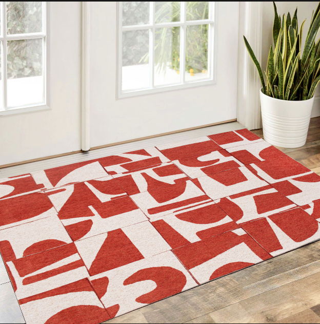 3' X 5' Geometric Washable Area Rug (551972) - Red / White