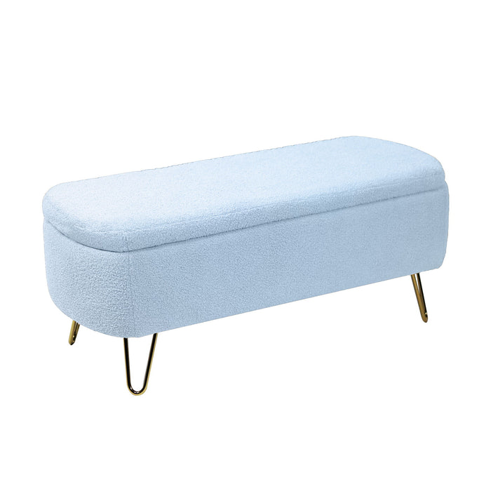 Giga storage ottoman bench with padded camel faux fur upholstery, ideal for bedroom or entryway with built-in storage.