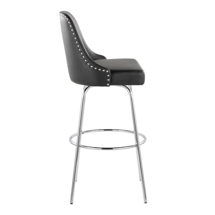 Studded - Marcel Fixed-Height Barstool (Set of 2) - Chrome Metal, Black Faux Leather